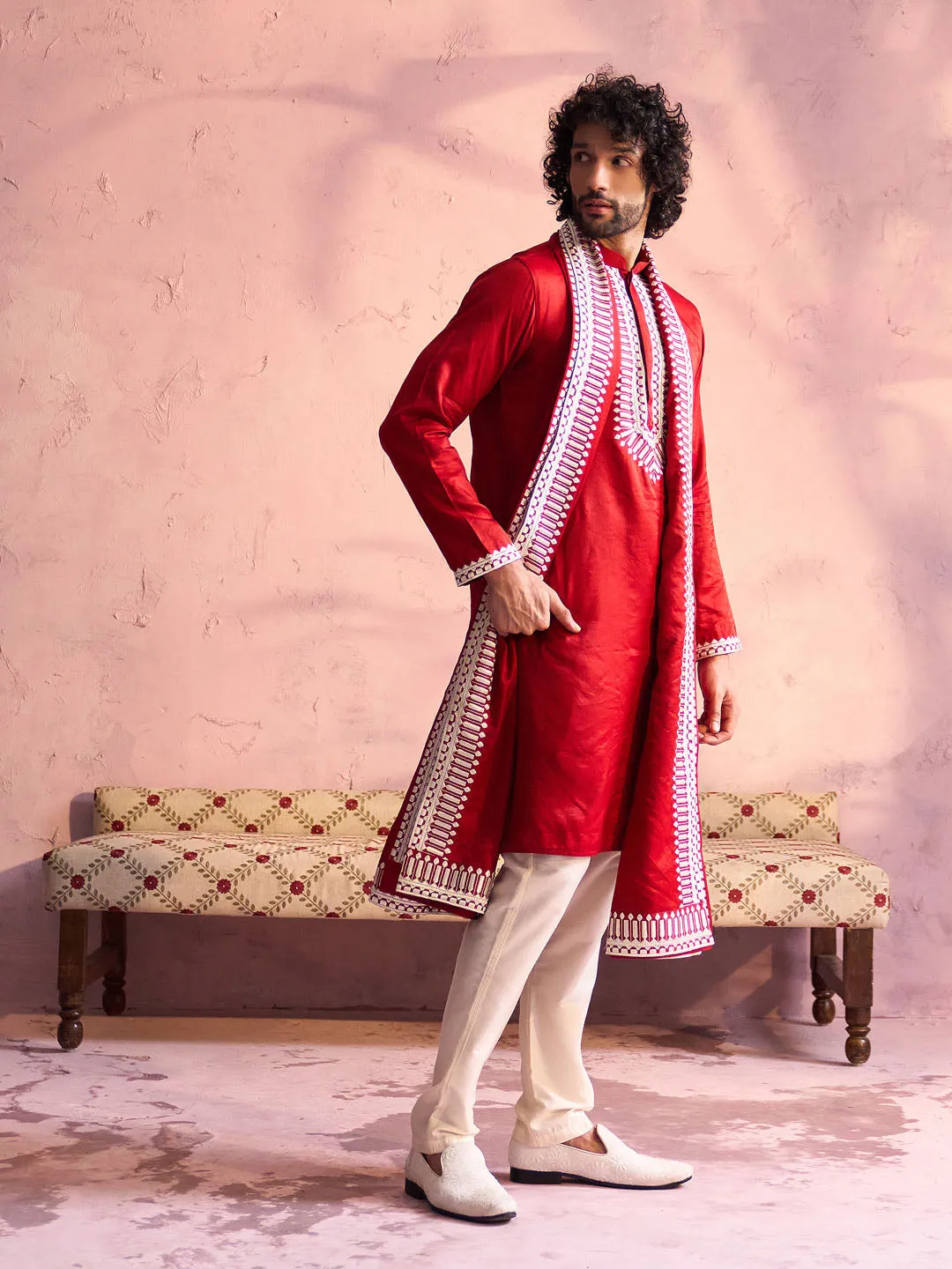 Jashvi Men's Red Silk Blend Machine Embroidered Kurta Pyjama With Silk Dupatta Set