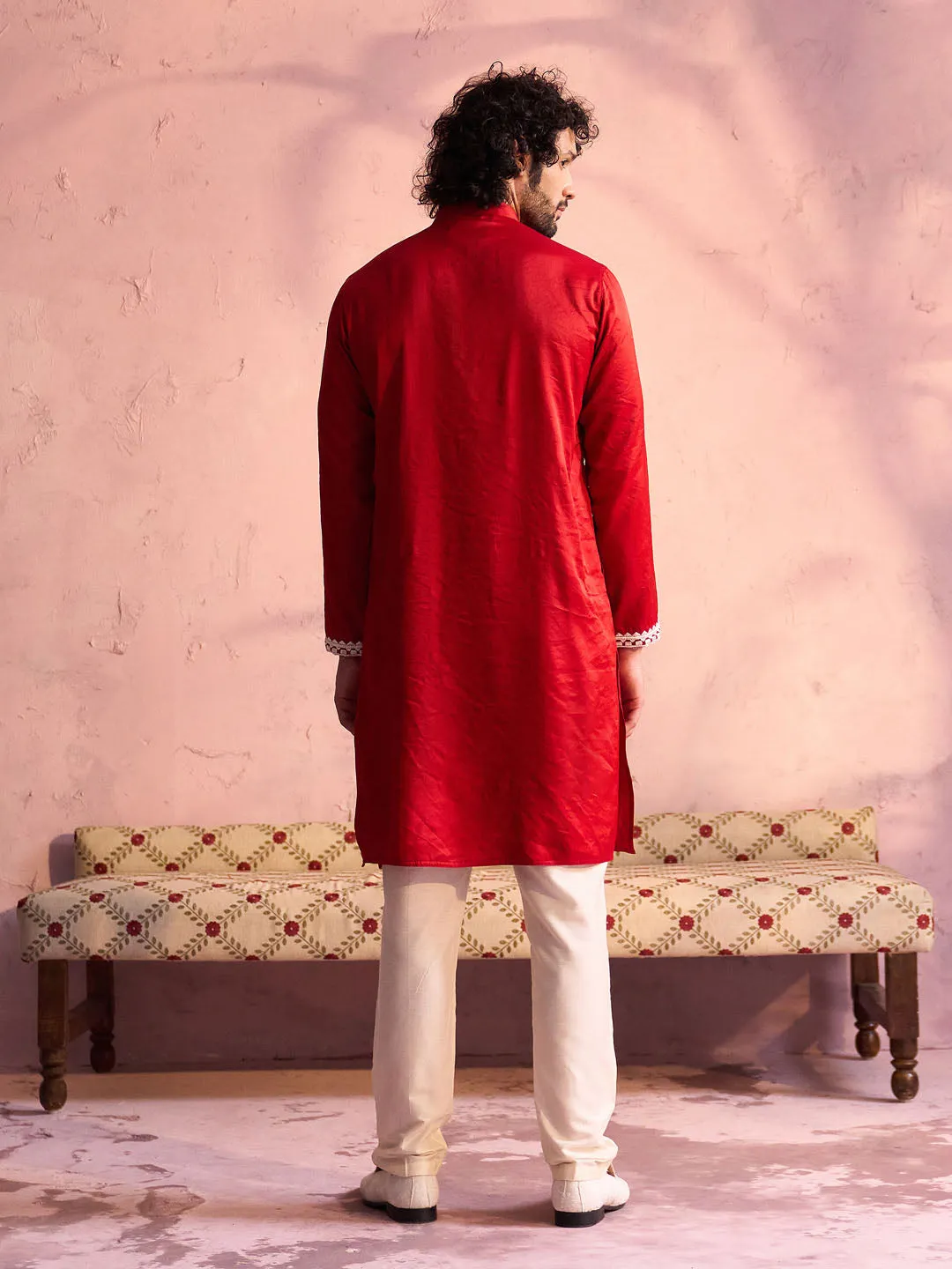 Jashvi Men's Red Silk Blend Machine Embroidered Kurta Pyjama With Silk Dupatta Set