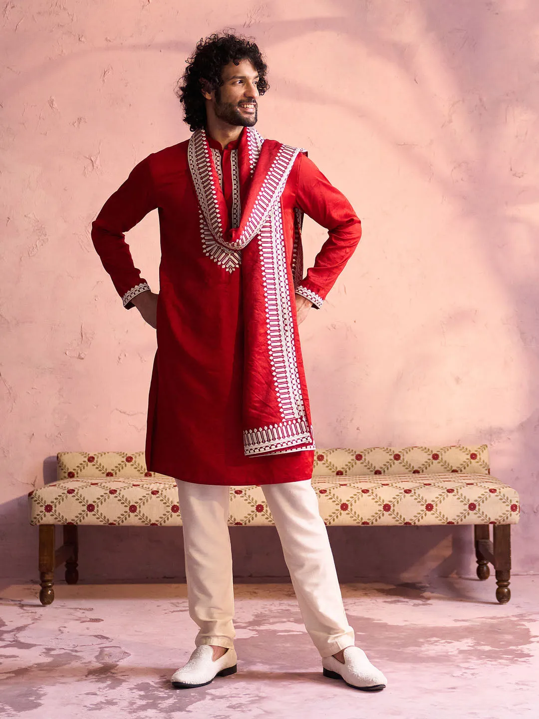 Jashvi Men's Red Silk Blend Machine Embroidered Kurta Pyjama With Silk Dupatta Set