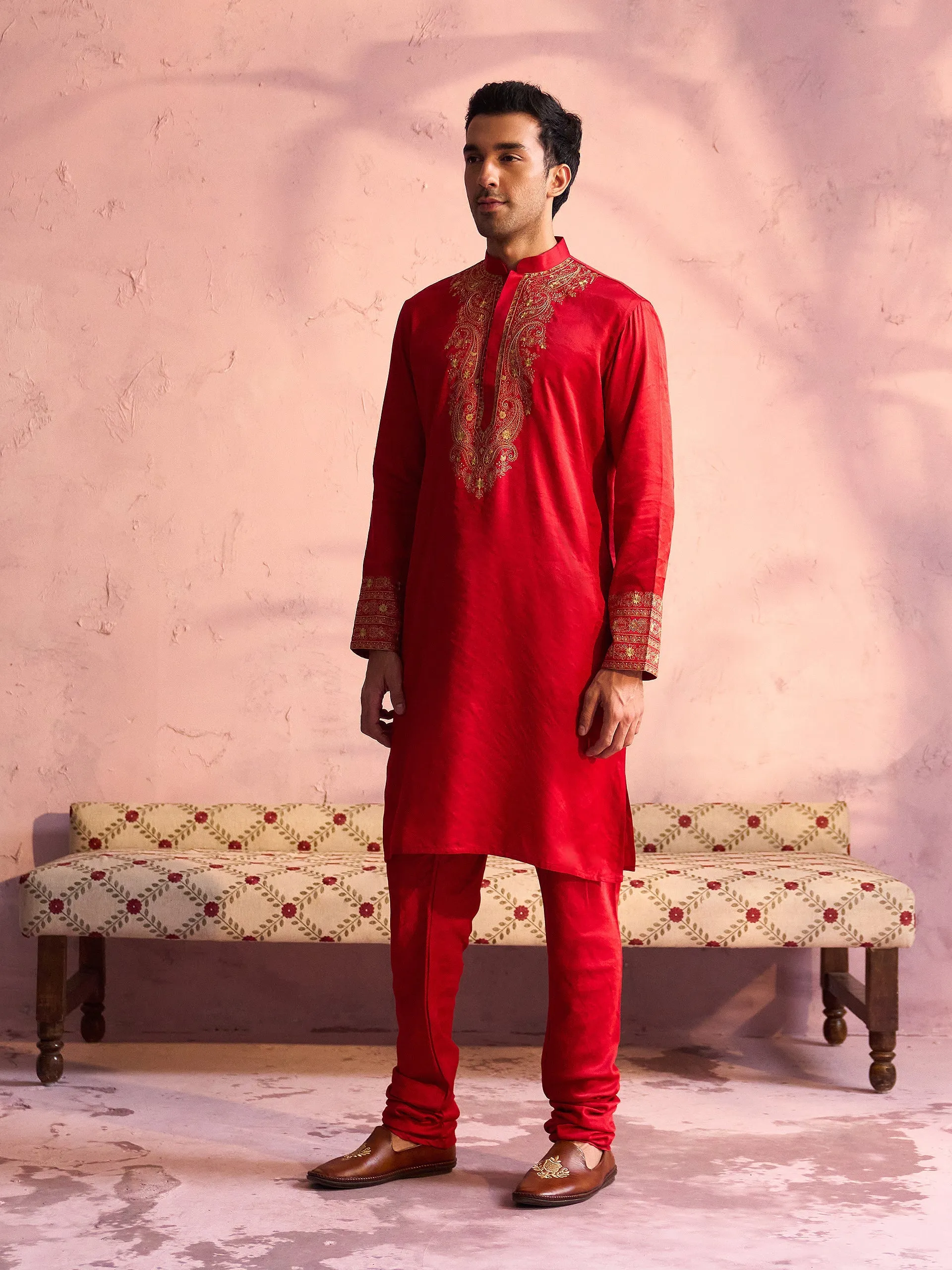 Jashvi Men's Red Silk Embroidered Ethnic Kurta Pyjama Set