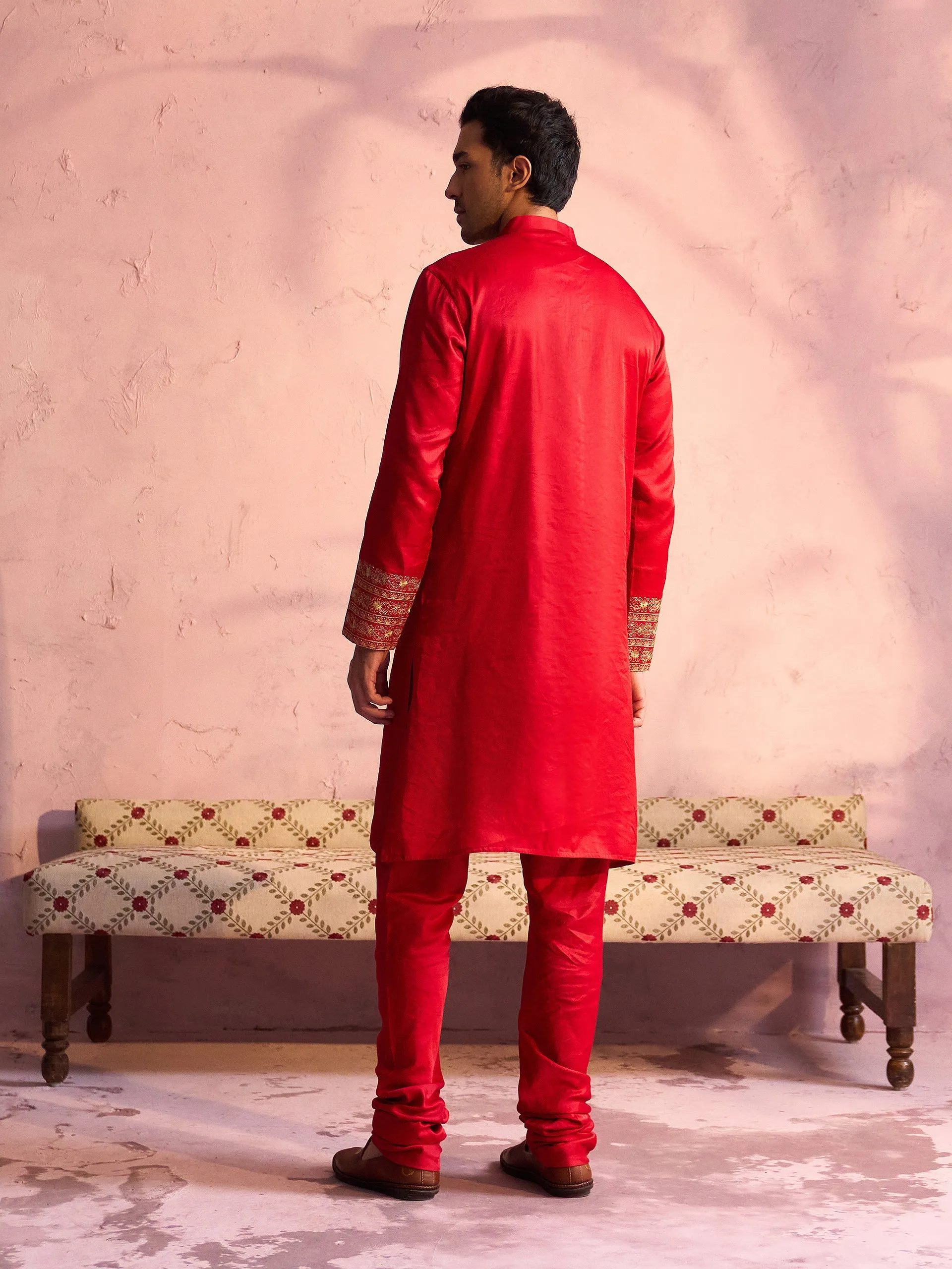 Jashvi Men's Red Silk Embroidered Ethnic Kurta Pyjama Set