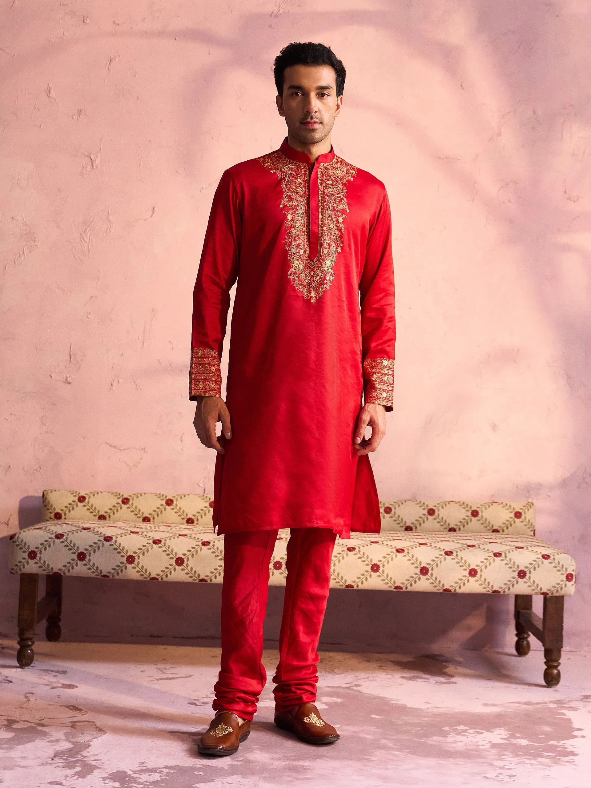 Jashvi Men's Red Silk Embroidered Ethnic Kurta Pyjama Set