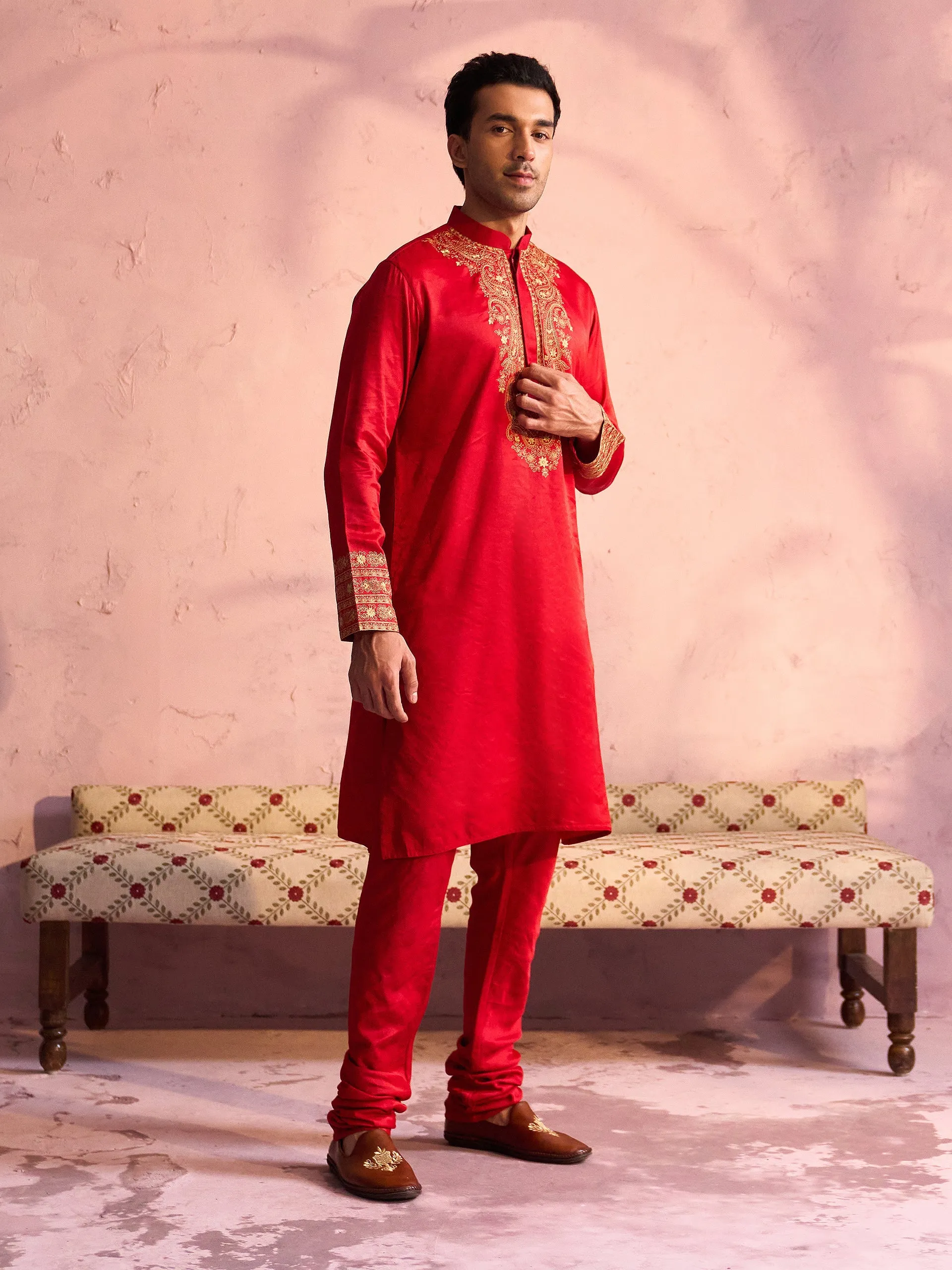 Jashvi Men's Red Silk Embroidered Ethnic Kurta Pyjama Set