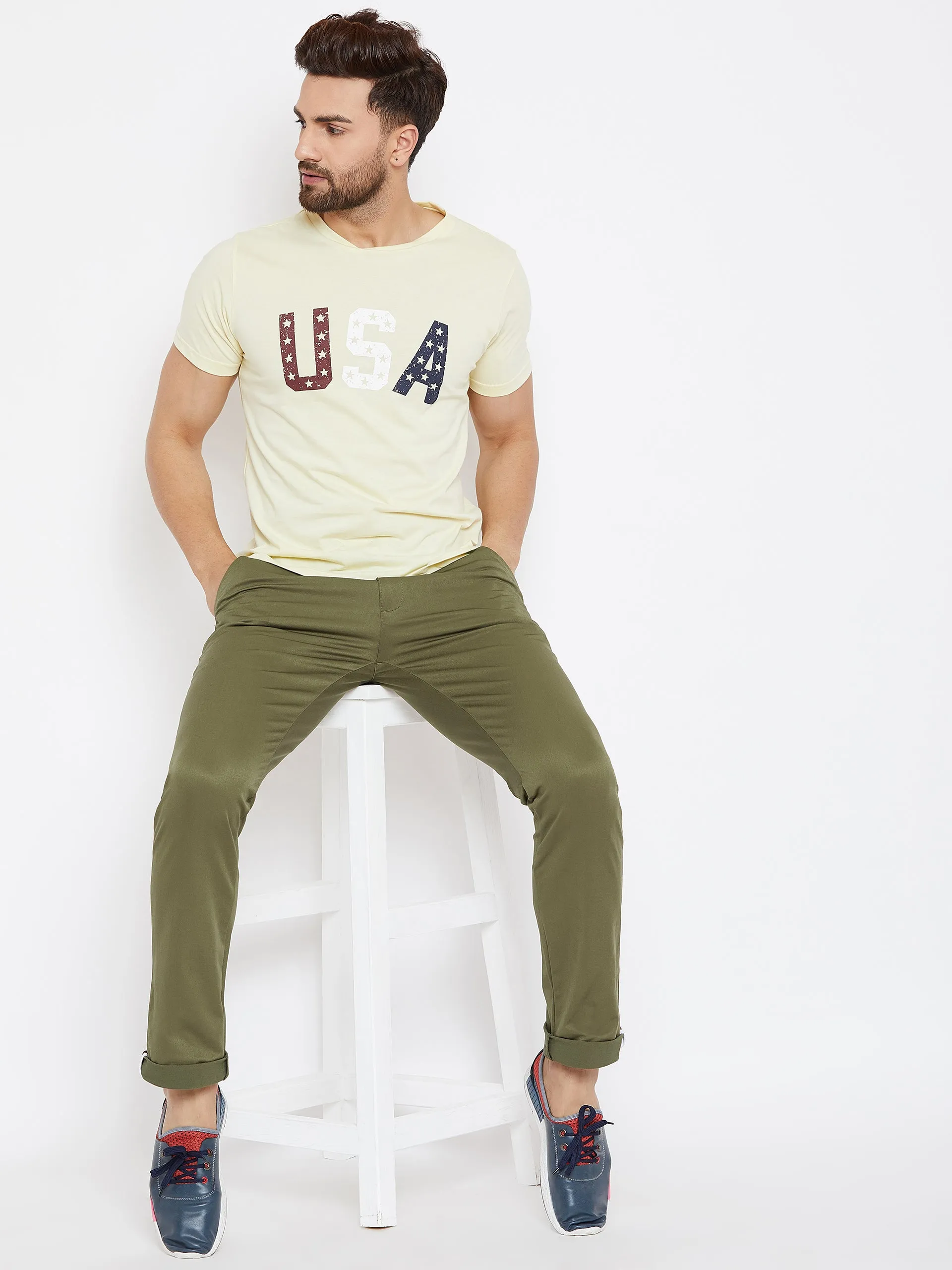 JUMP USA Men Solid Olive Casual Regular Fit Chinos Trousers