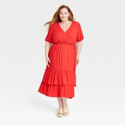 Knox Rose Women's Plus Size Short Sleeve Wrap Tiered Midi Dress