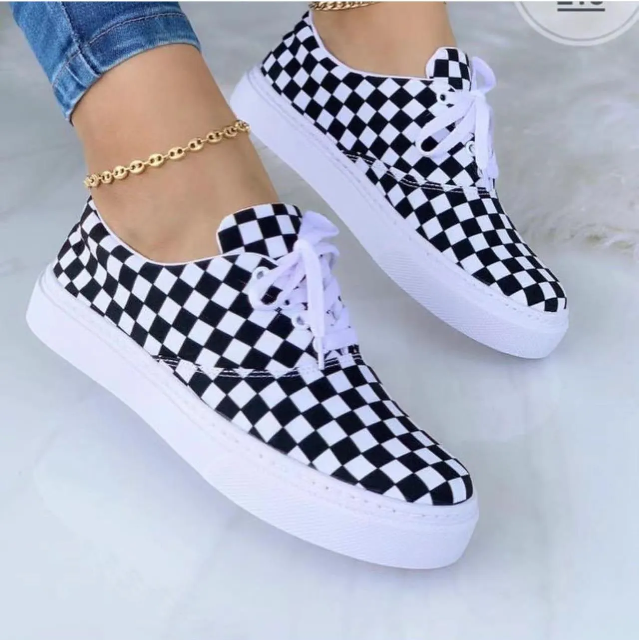 Lace-up Flats Shoes Print Canvas Fashion Walking Sneakers Women