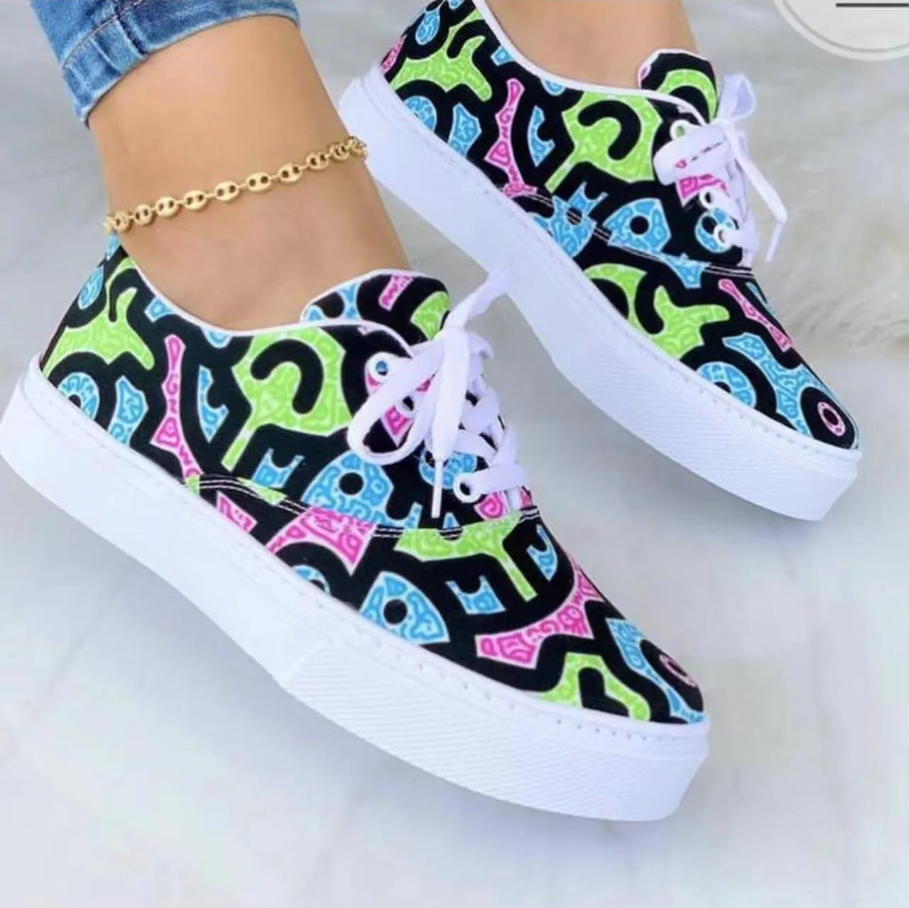 Lace-up Flats Shoes Print Canvas Fashion Walking Sneakers Women