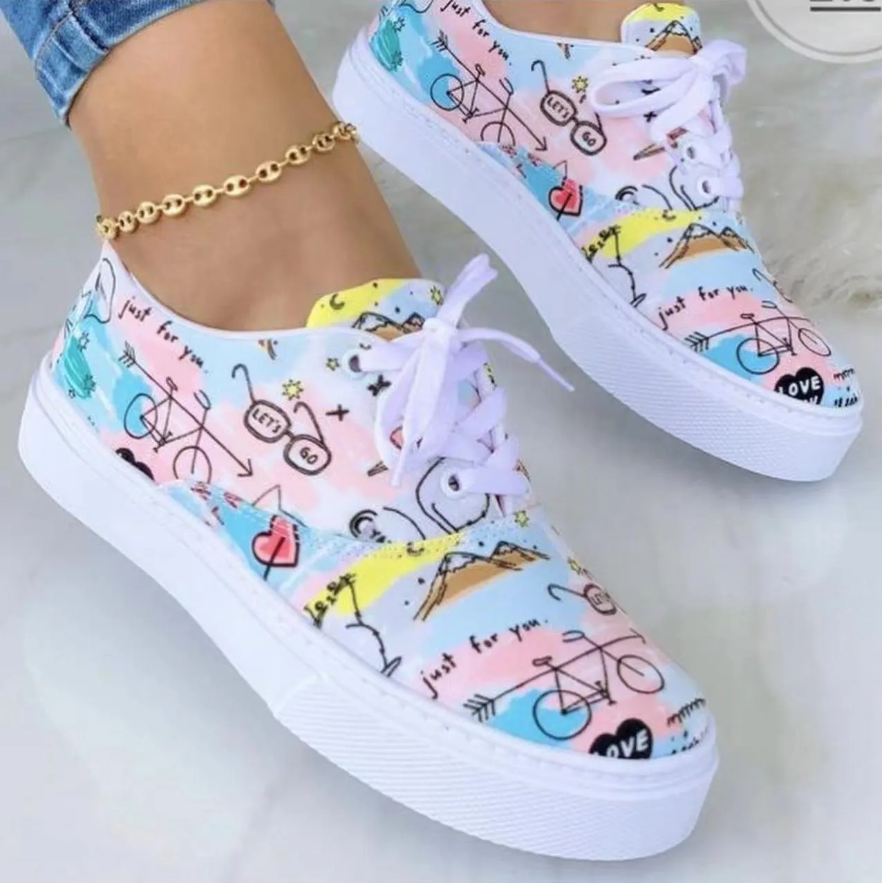 Lace-up Flats Shoes Print Canvas Fashion Walking Sneakers Women