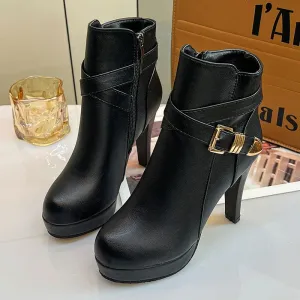 Leather Buckle Strap Side Zip Women's Super High Heels Boots