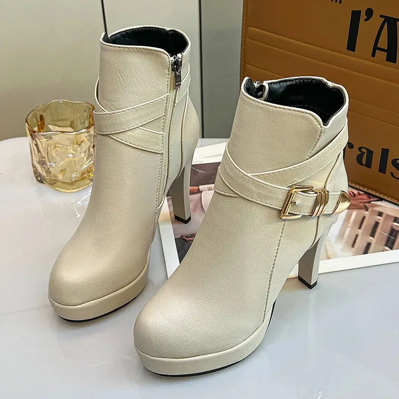 Leather Buckle Strap Side Zip Women's Super High Heels Boots