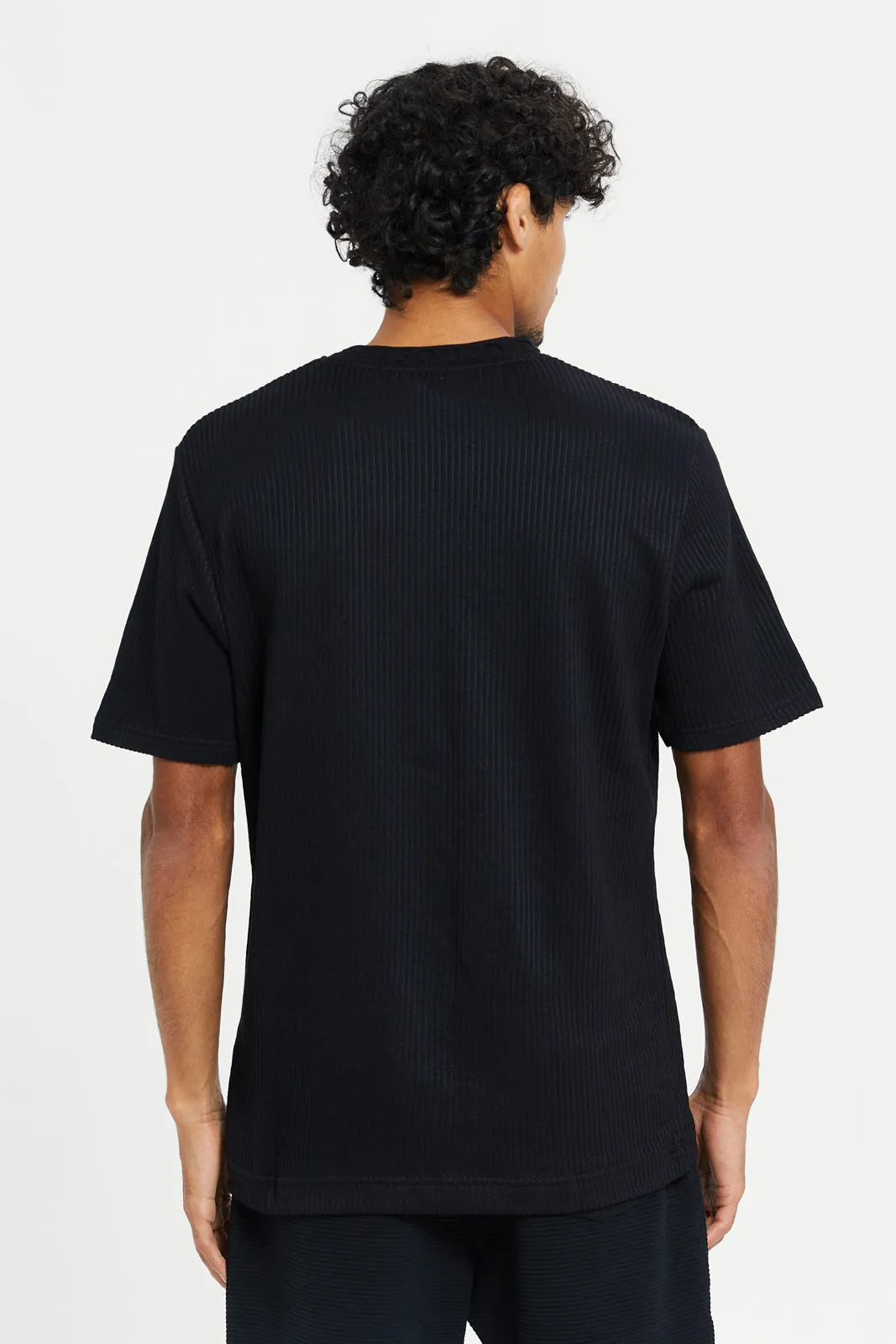 Men Black Jacquard Short Sleeve T-Shirt