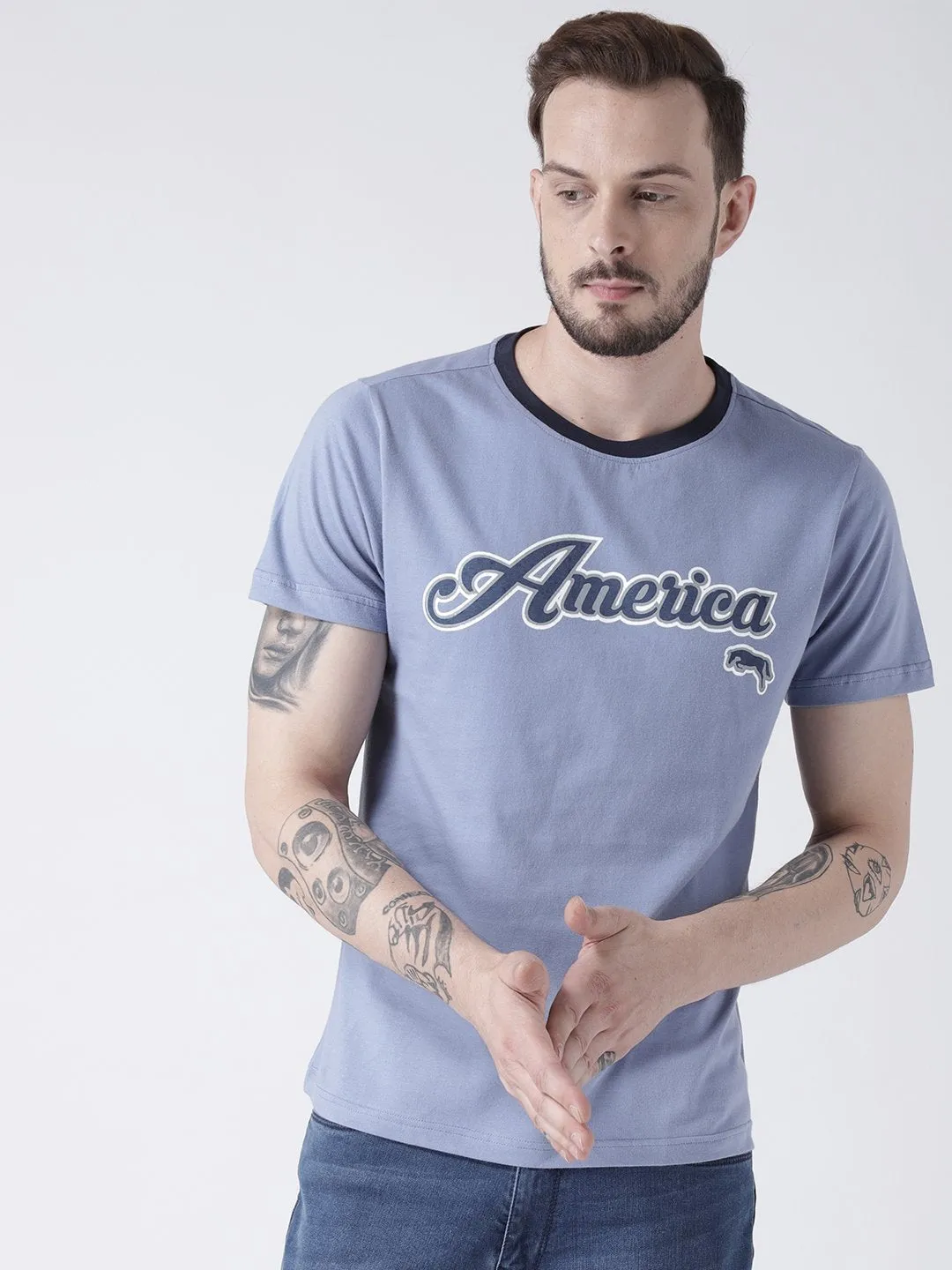 Men Blue Solid Round Neck T-shirt