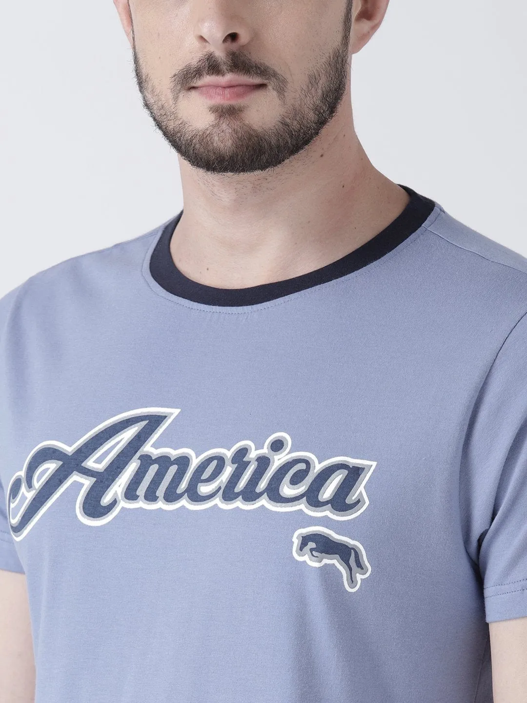 Men Blue Solid Round Neck T-shirt