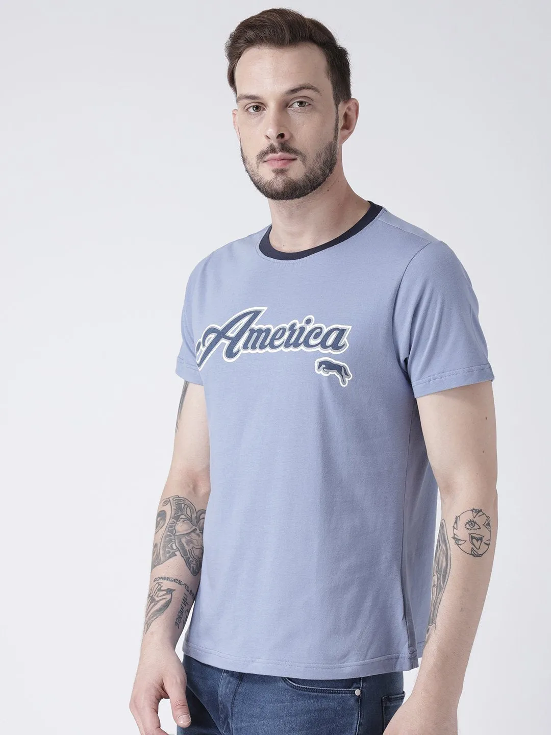 Men Blue Solid Round Neck T-shirt