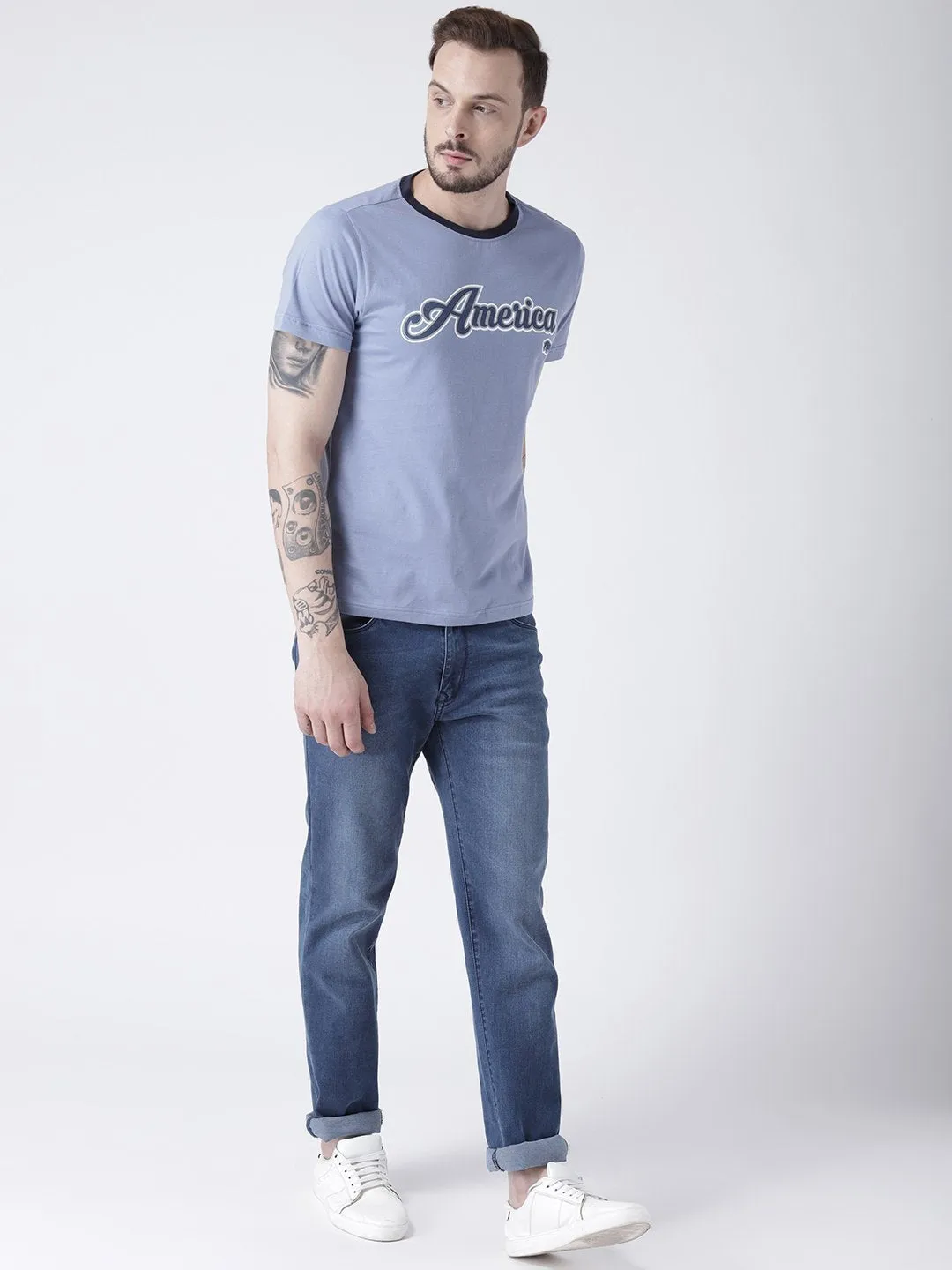 Men Blue Solid Round Neck T-shirt