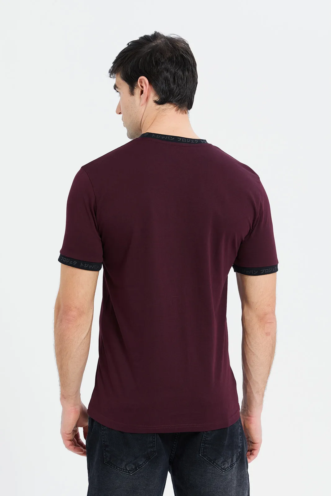 Men Burgundy Varsity Printed T-Shirt