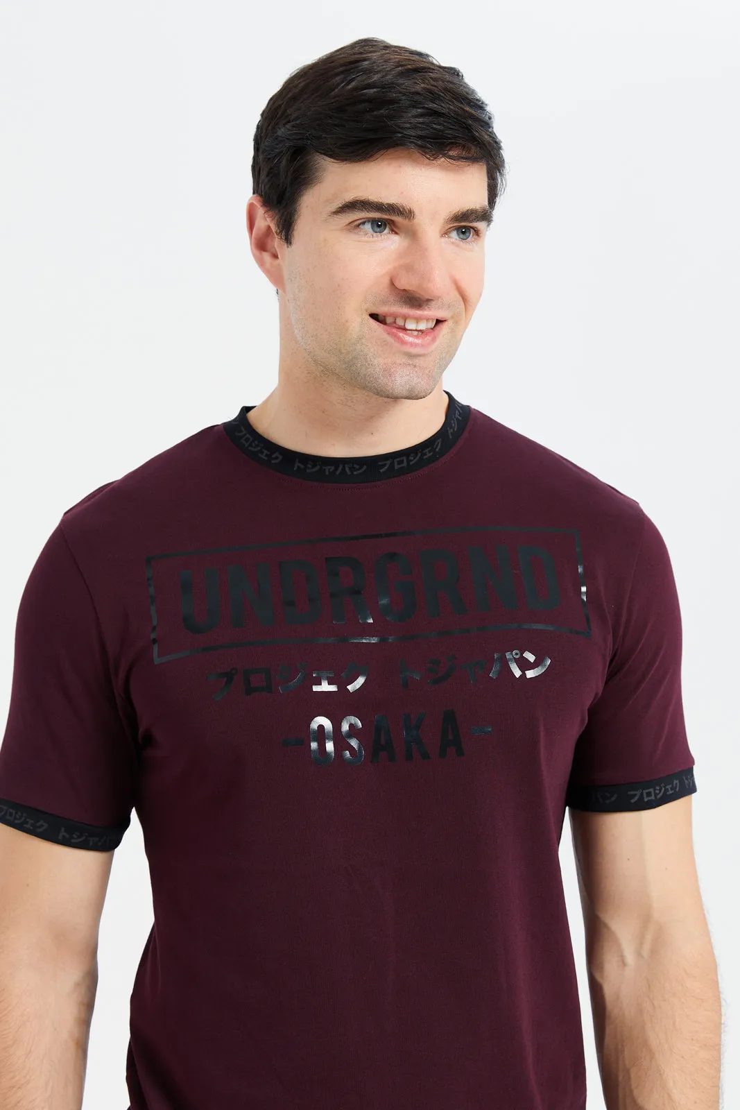 Men Burgundy Varsity Printed T-Shirt