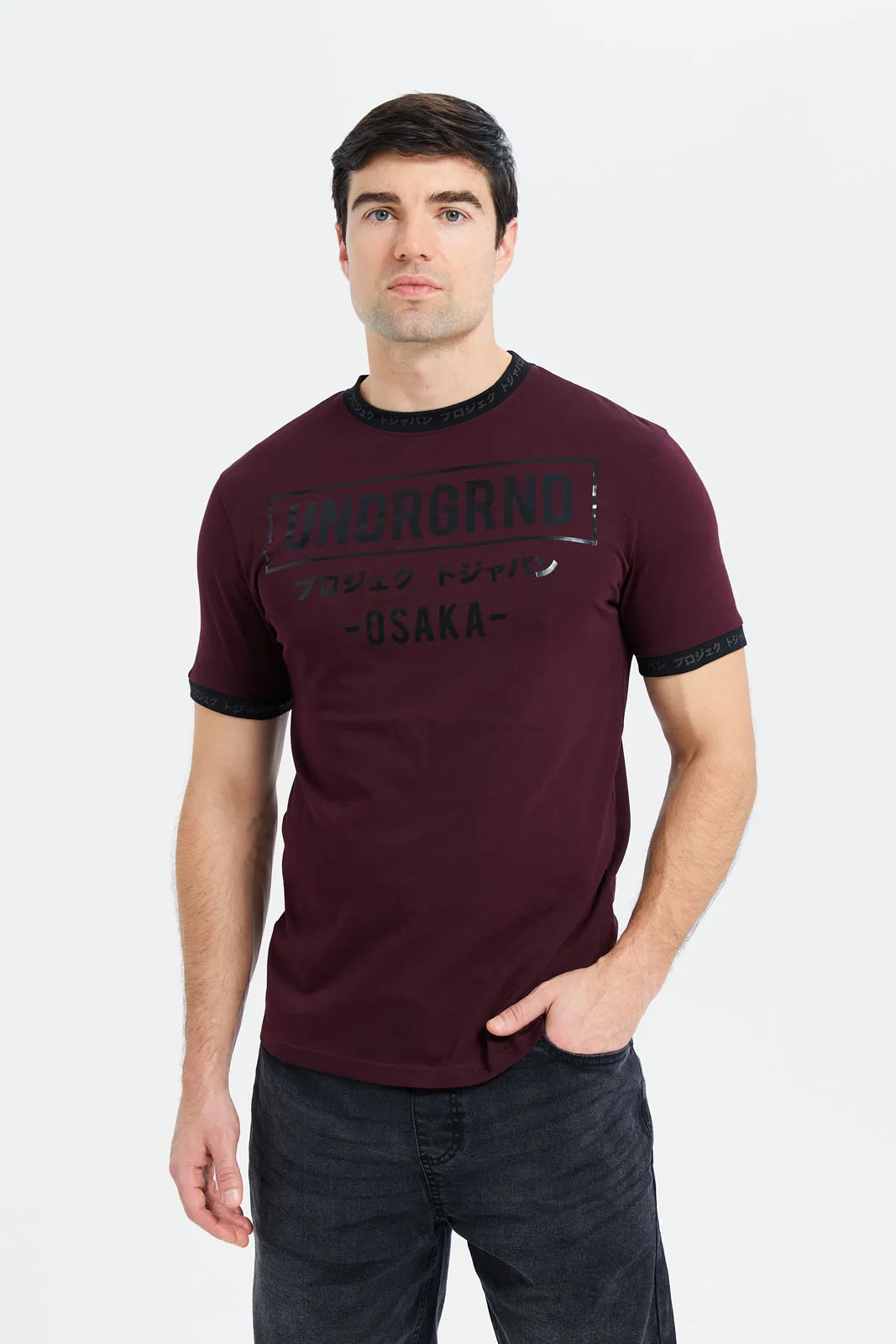 Men Burgundy Varsity Printed T-Shirt