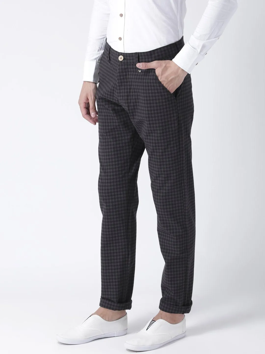 Men Charcoal Slim Fit Checked Chinos