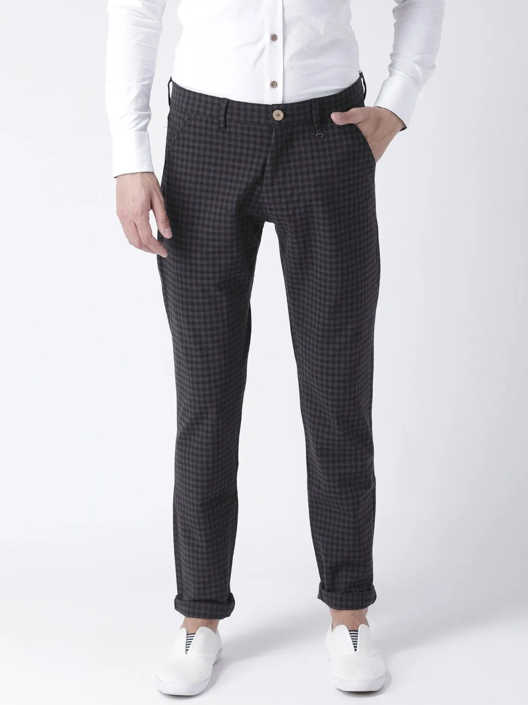 Men Charcoal Slim Fit Checked Chinos