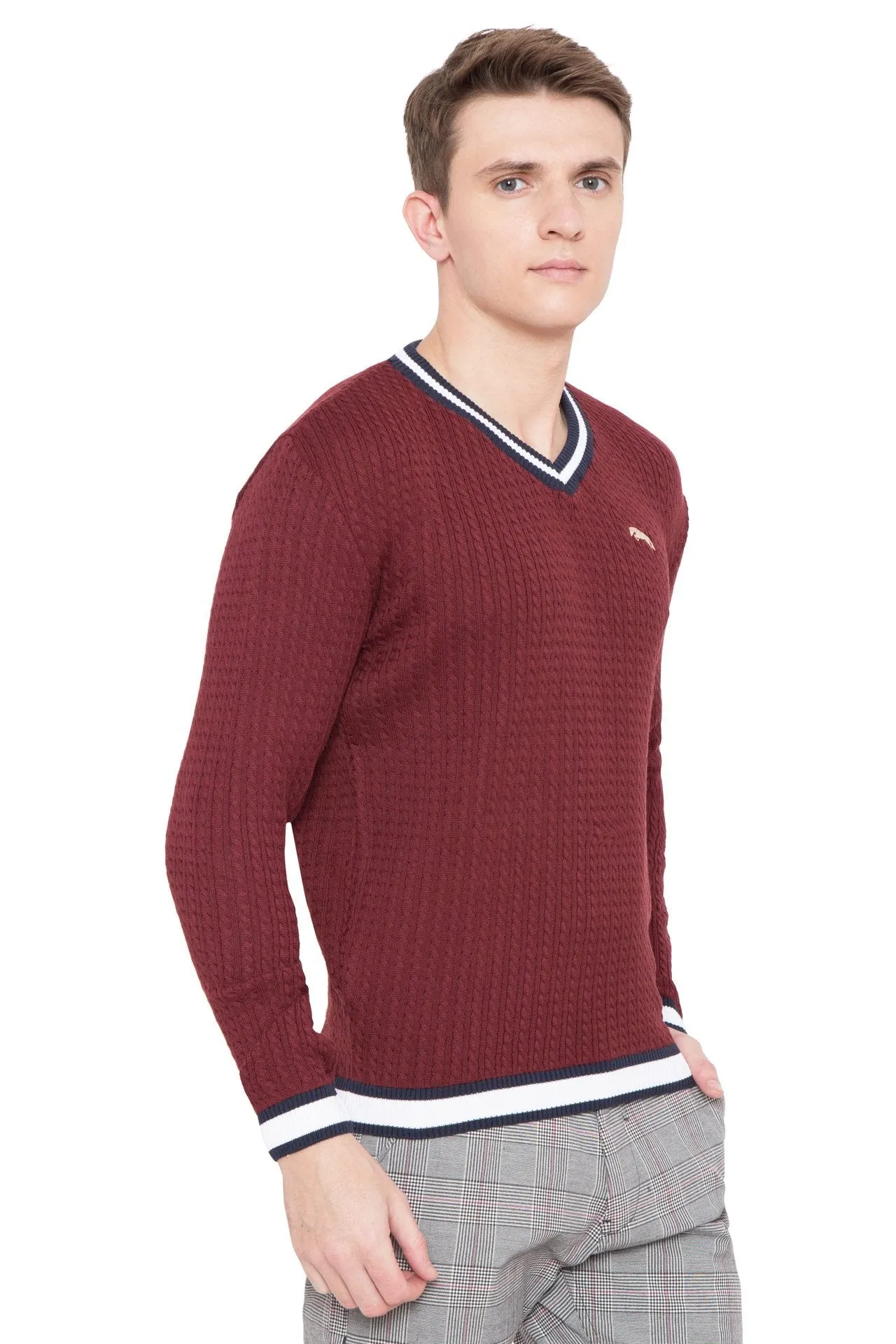 Men Regular Fit Cotton Casual Wine Lightweight Sweater