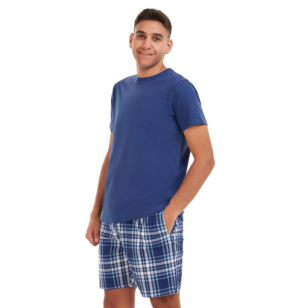 Men summer pajama set Indigo T-shirt  Light blue checkered shorts