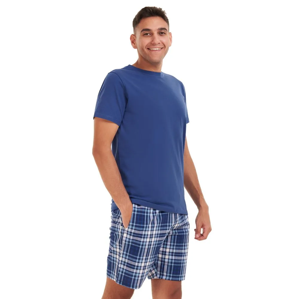 Men summer pajama set Indigo T-shirt  Light blue checkered shorts