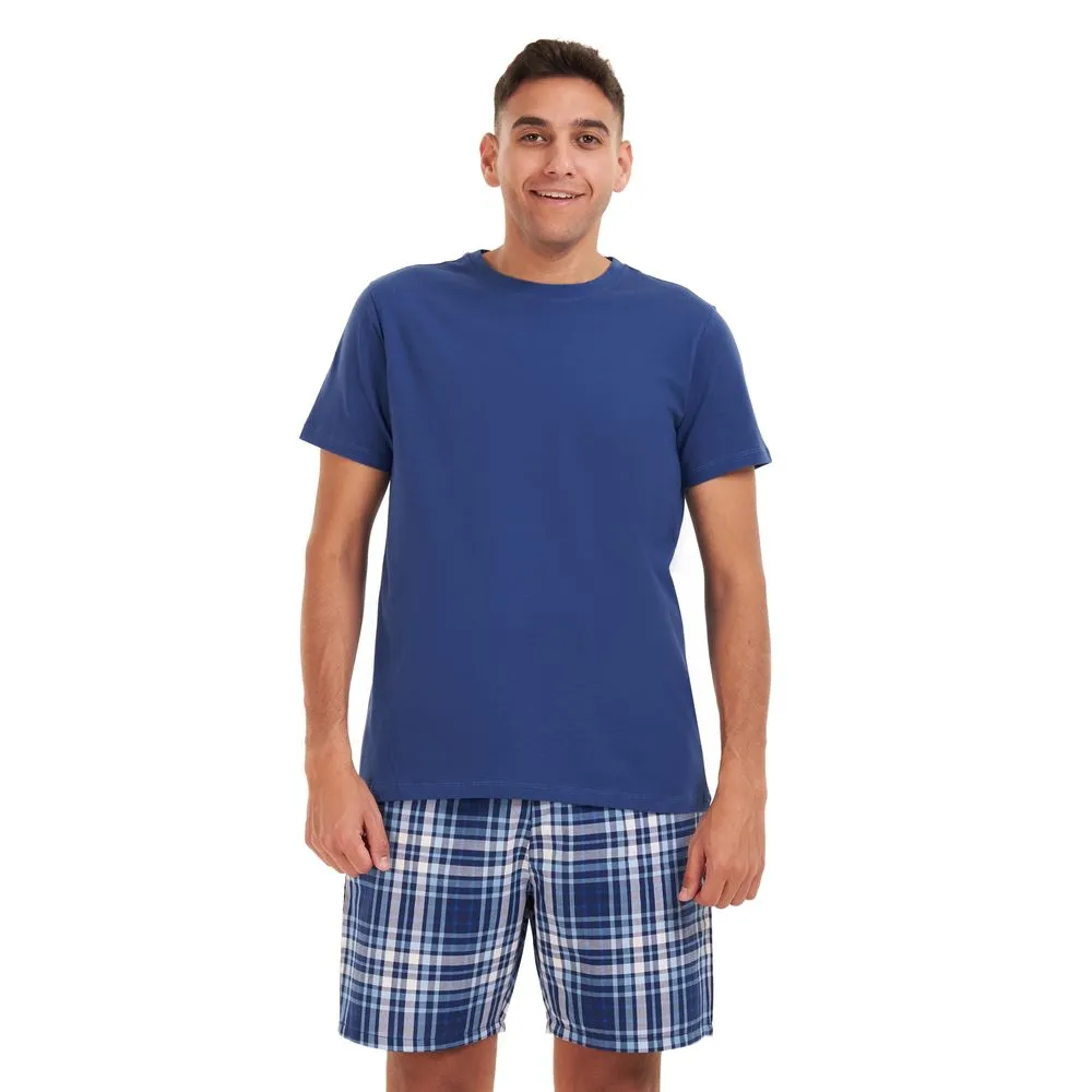 Men summer pajama set Indigo T-shirt  Light blue checkered shorts