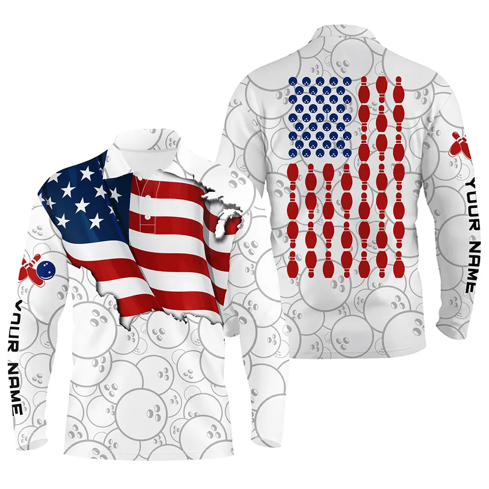 Mens Bowling Long Sleeve Polo Shirts Custom American Flag Bowling Ball Pins Team Bowling Jerseys For Men