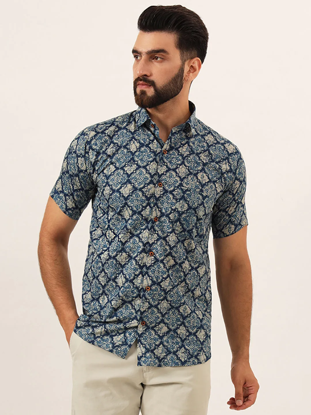 MILLENNIAL MEN Blue Geometric Pure Cotton Regular Fit Casual Half Sleeve Shirt