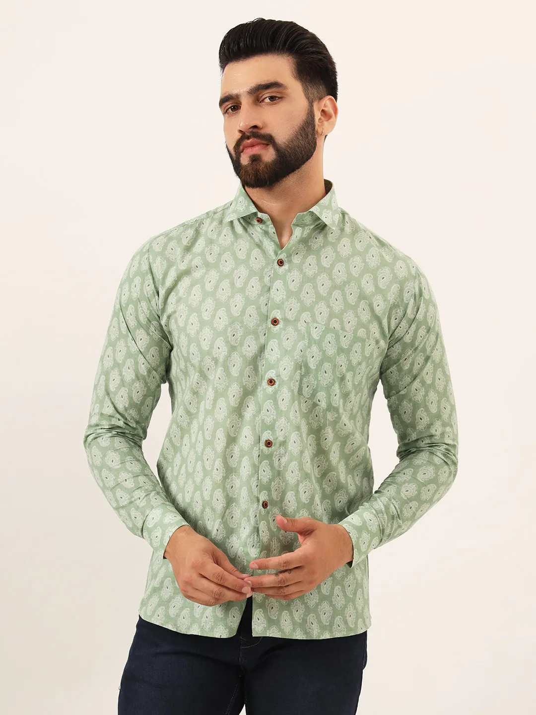 MILLENNIAL MEN Green Paisley Print Pure Cotton Regular Fit Casual Full Sleeve