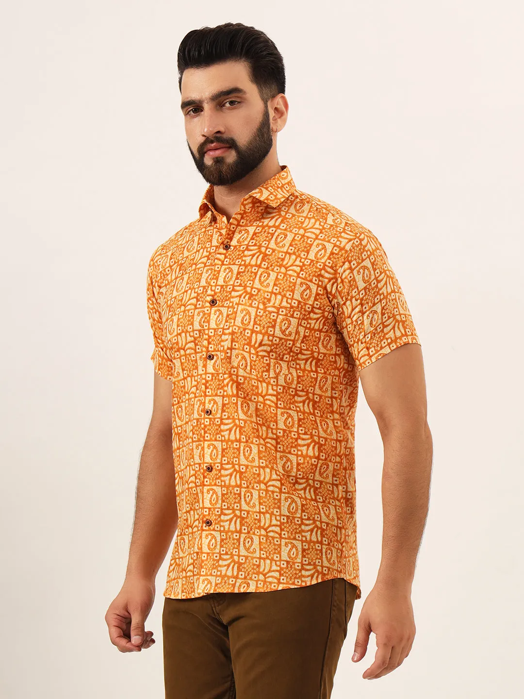 MILLENNIAL MEN Orange Paisley Print Pure Cotton Regular Fit Casual Half Sleeve