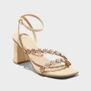 New - A New Day Women's 3" Chunky Block High Buckle Heels Raffia Strappy Floral