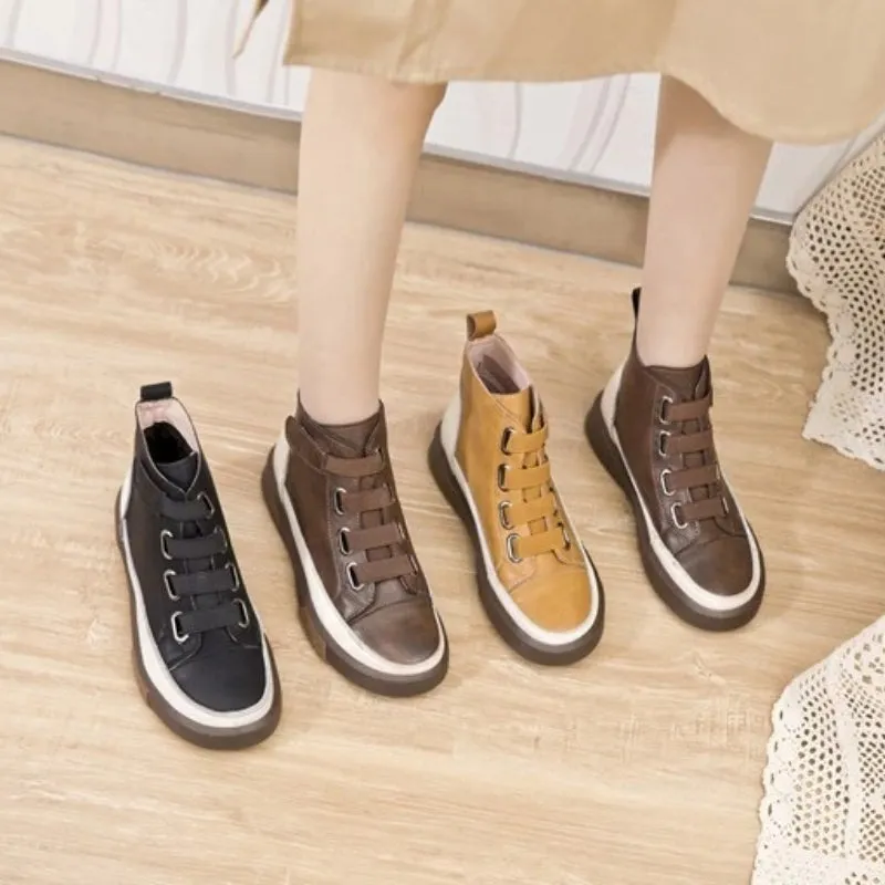 No-tie Shoelaces Split Leather High Top Sneakers for Women