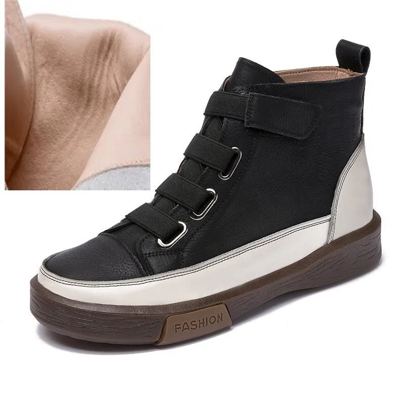 No-tie Shoelaces Split Leather High Top Sneakers for Women