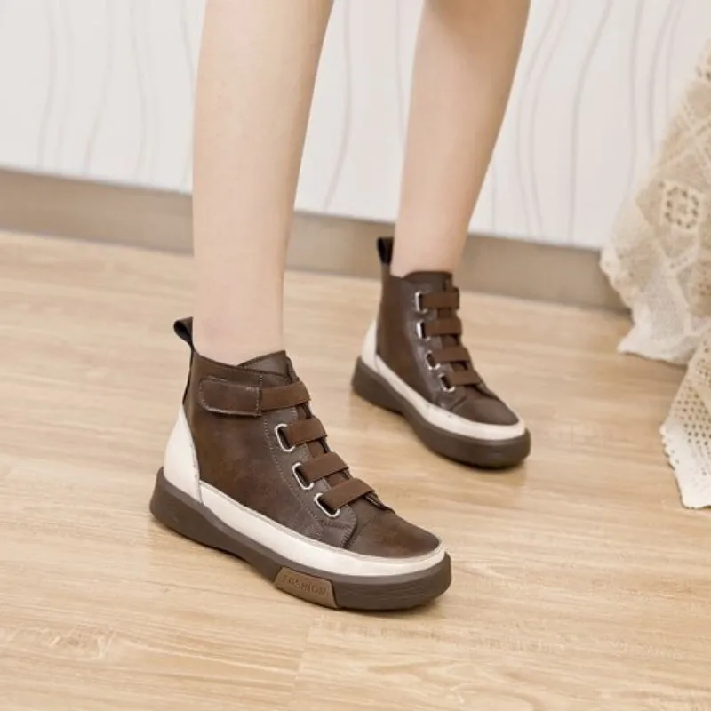 No-tie Shoelaces Split Leather High Top Sneakers for Women