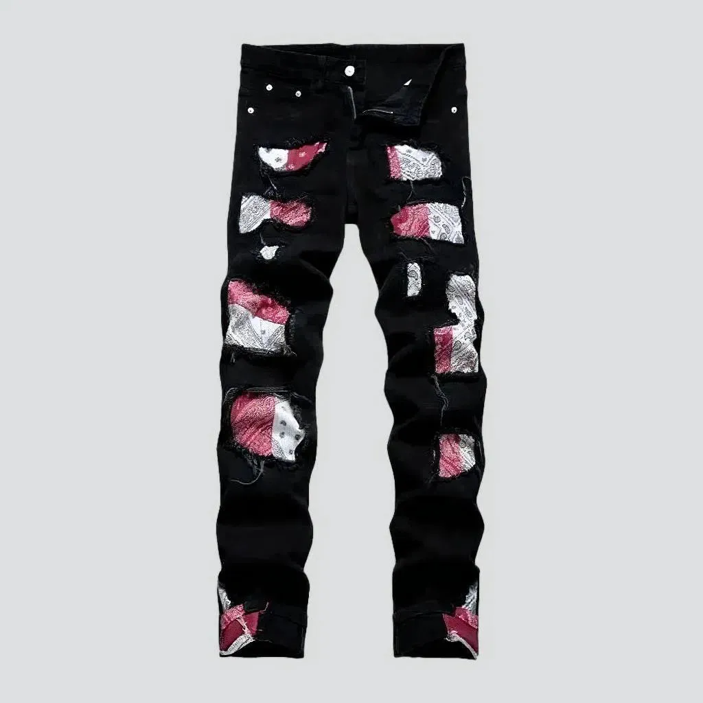 Patchwork black jeans
 for men