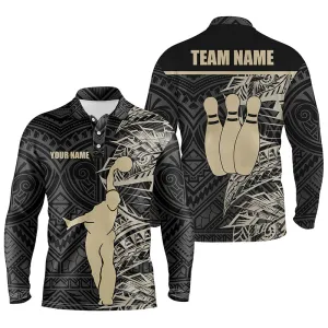 Personalized Bowling Long Sleeve Polo Shirts For Men Golden Black Tribal Team Bowling Jersey, Bowling Gift For Him