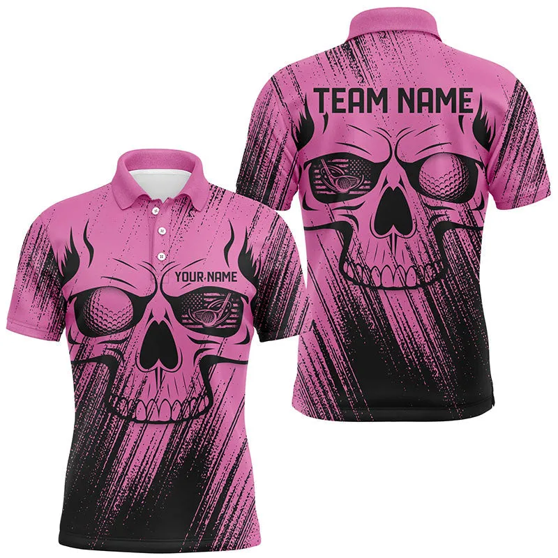 Pink Grunge Skull Mens Golf Polo Shirts Custom Golf Outfit For Mens, Team Mens Golf Shirt