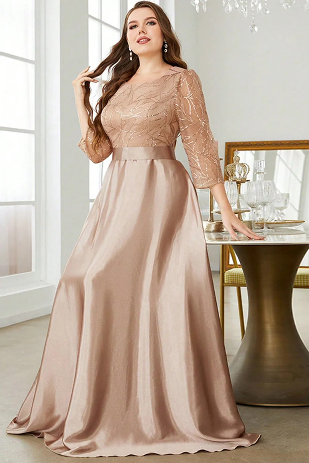 Plus Size Champagne Sequins Round Neck Maxi Dress with Sleeves