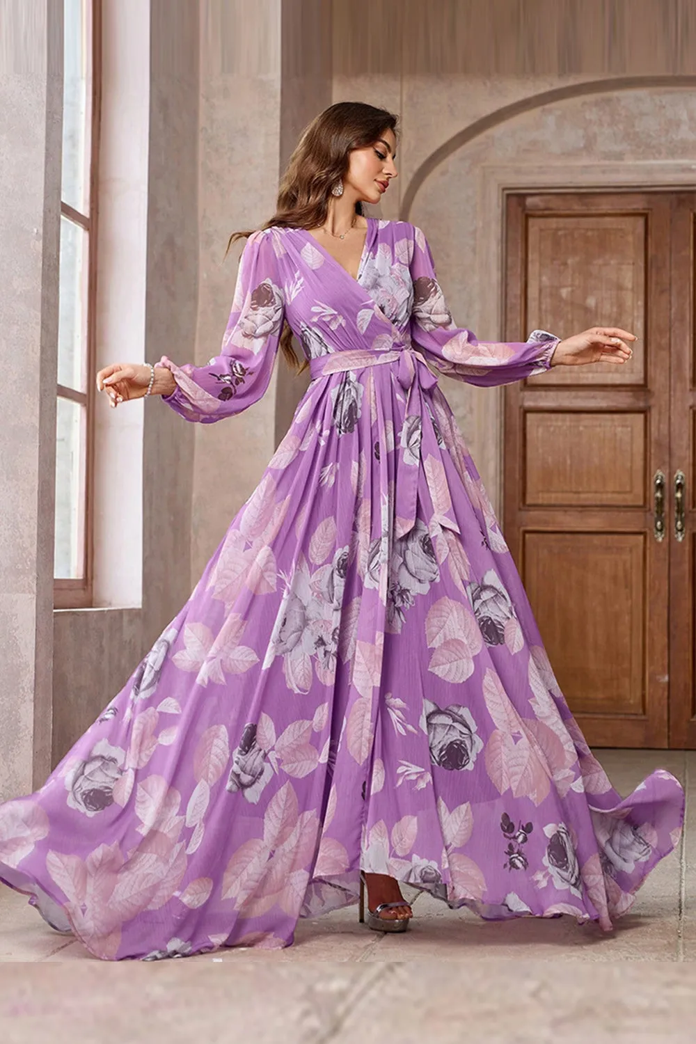 Purple A Line V Neck Long Sleeve Floral Maxi Dress