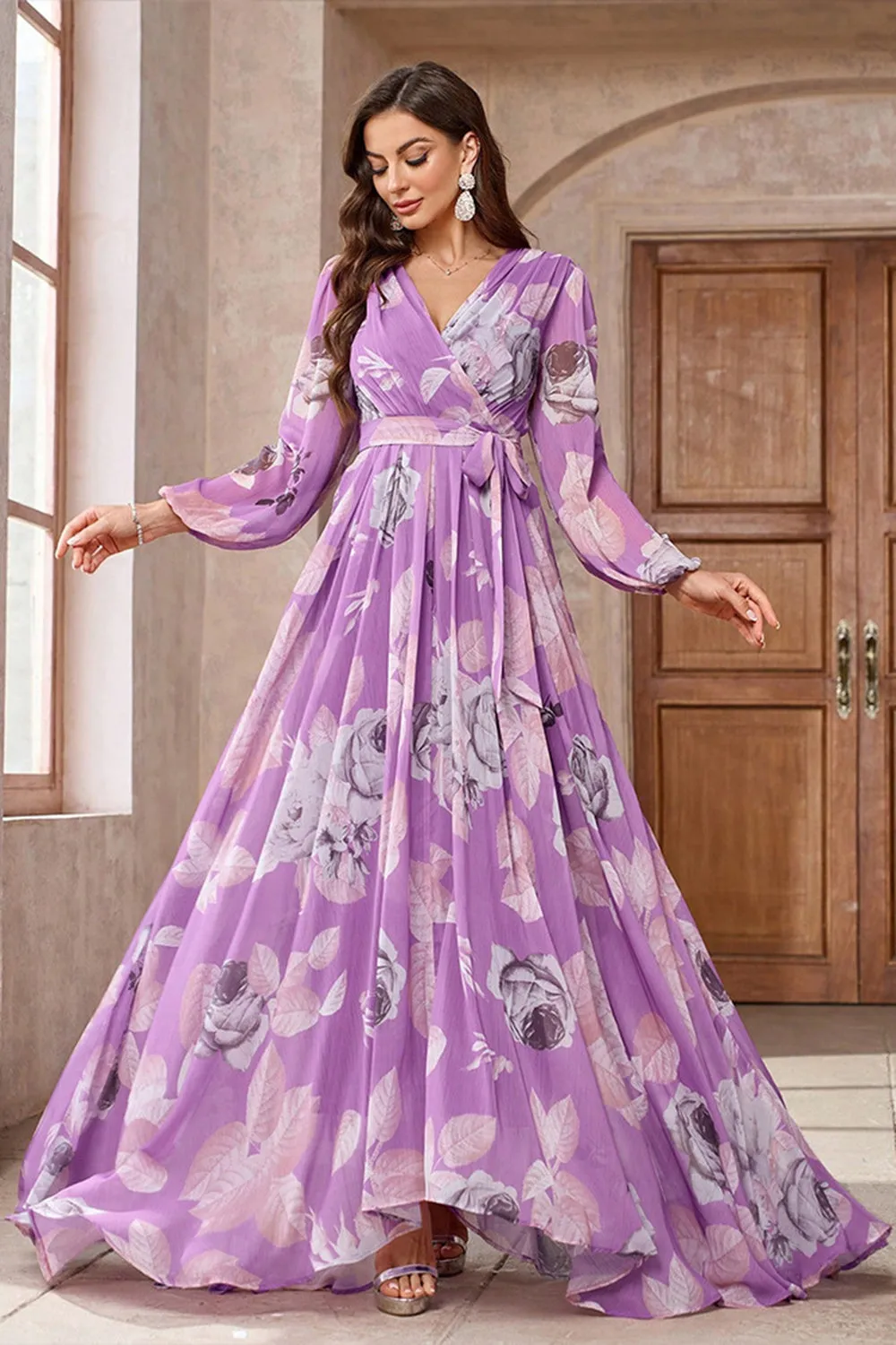 Purple A Line V Neck Long Sleeve Floral Maxi Dress