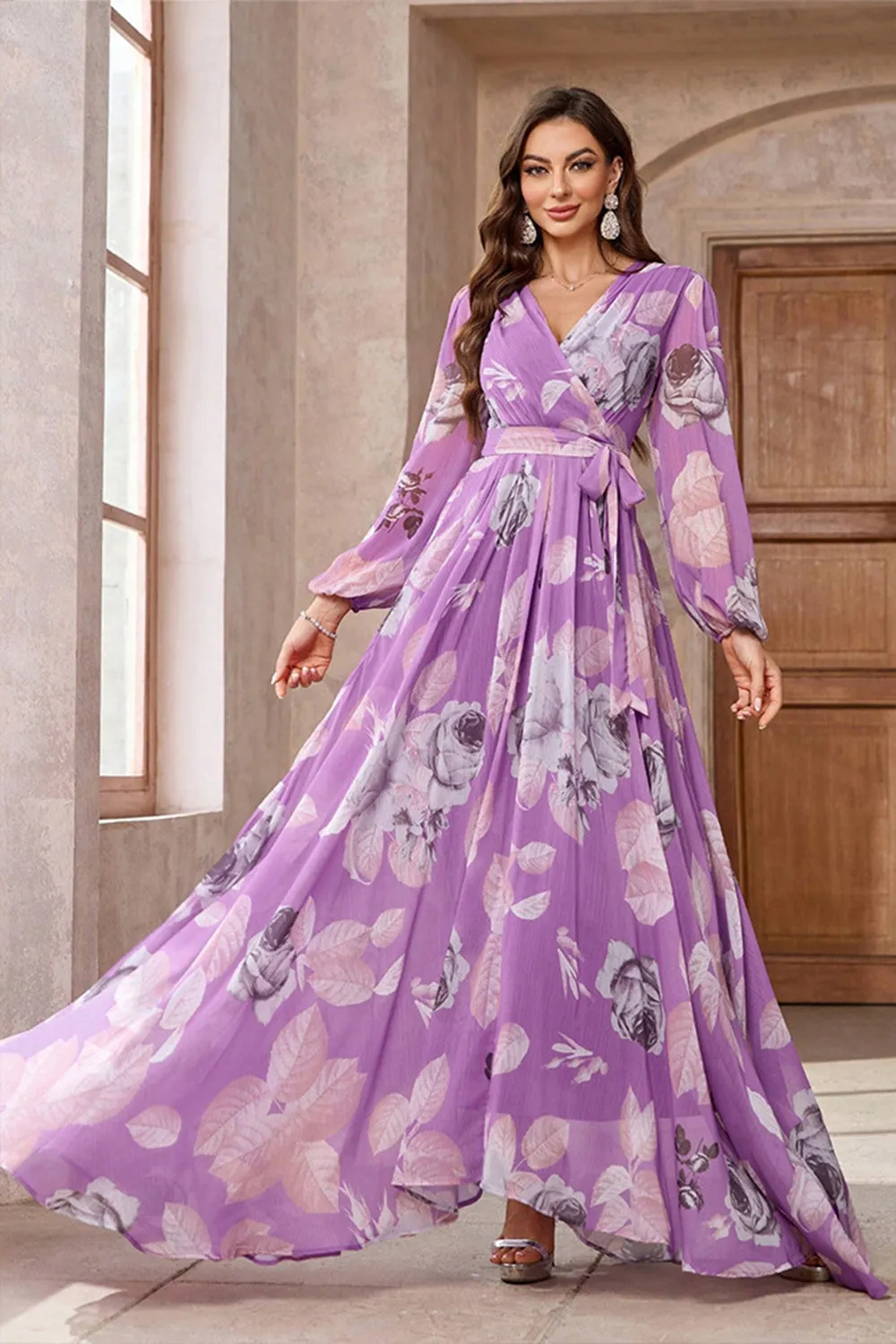 Purple A Line V Neck Long Sleeve Floral Maxi Dress