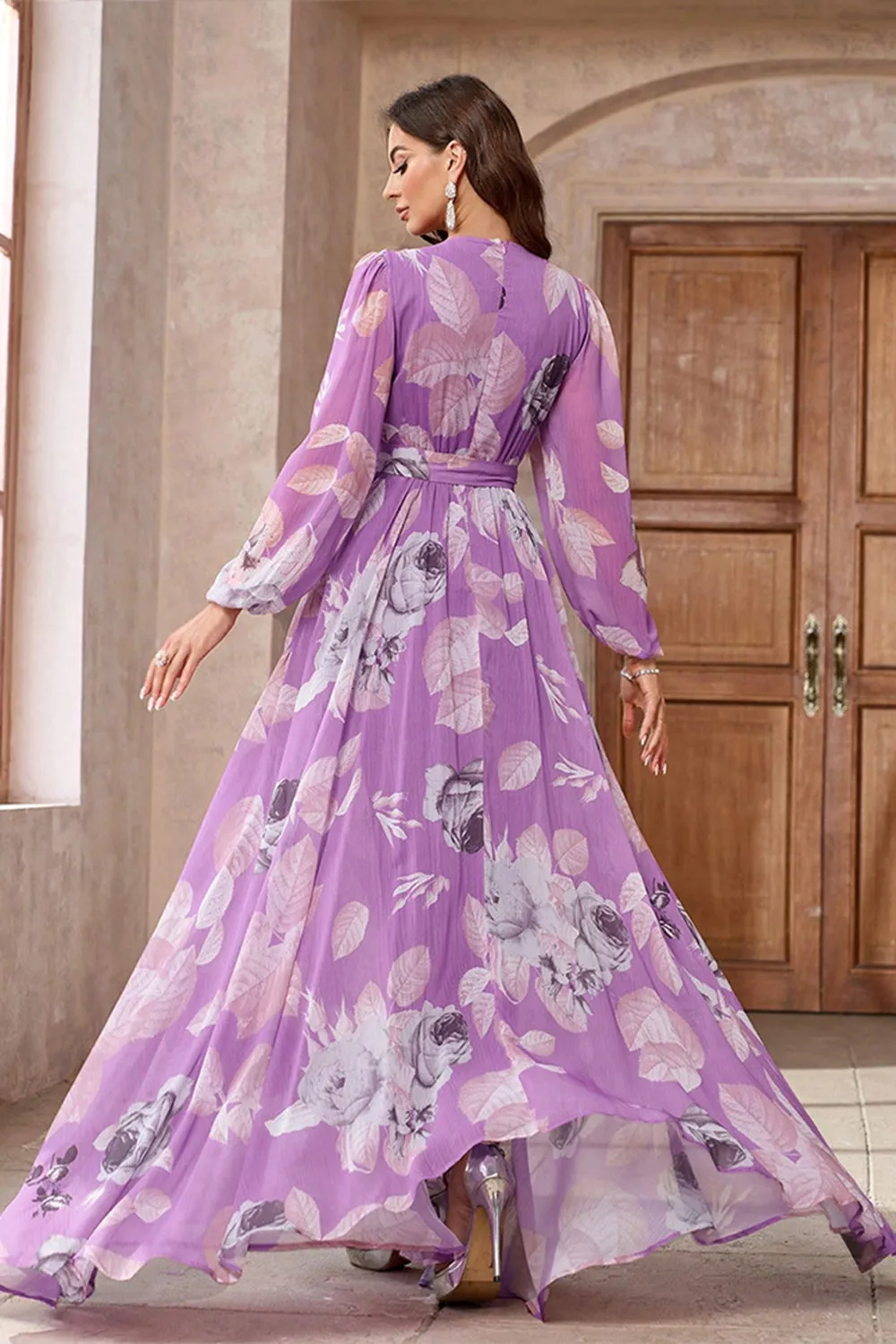 Purple A Line V Neck Long Sleeve Floral Maxi Dress