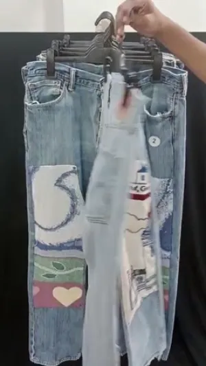 Reworked Men 501 Levi's Double Knee Jeans made using Men Vintage Levi's 501 Pants and Printed Darri, Style # CR150