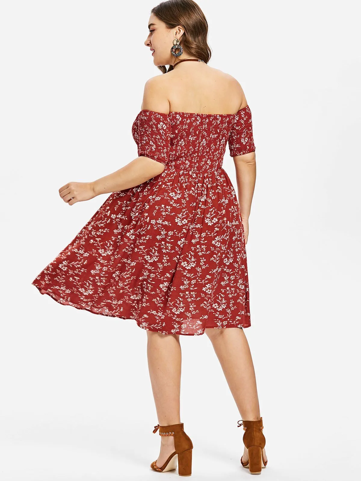 Shoulder Short Sleeves Floral Dress