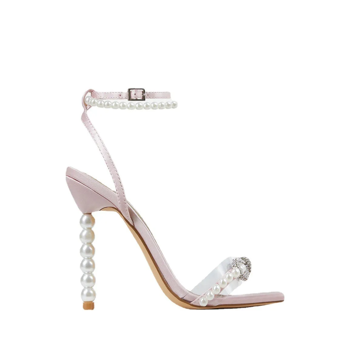 Square Toe Stiletto Heel Heels Rhinestone Bow Pearl Strap European And American Large Size Women's Shoes