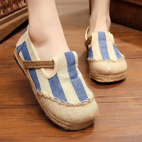 Stripe Pattern Flax Breathable Retro Flat Slip On Women Shoes