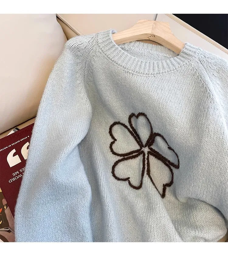 Sweet embroidered round neck sweater for women     S4878