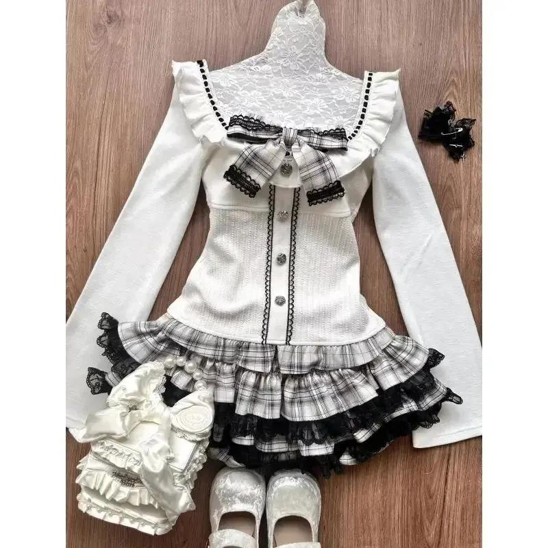 TAVIMART  -  Japanese Vintage Sweet 2 Piece Set Women Kawaii Patchwork Bow Slim Knitted Tops   Lace Plaid Mini Skirt Antumn Winter Outfits